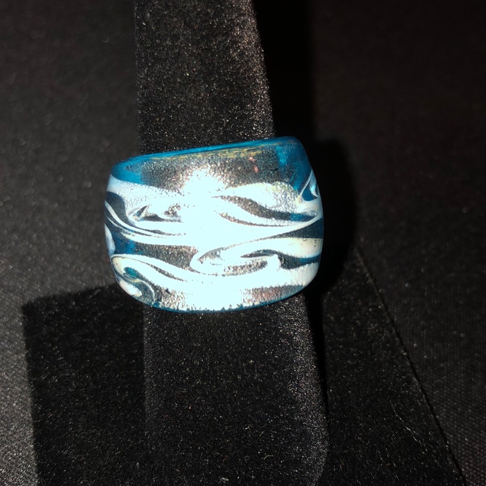 Glass Over-Sized Statement Ring - White Blue Swirl - image 1
